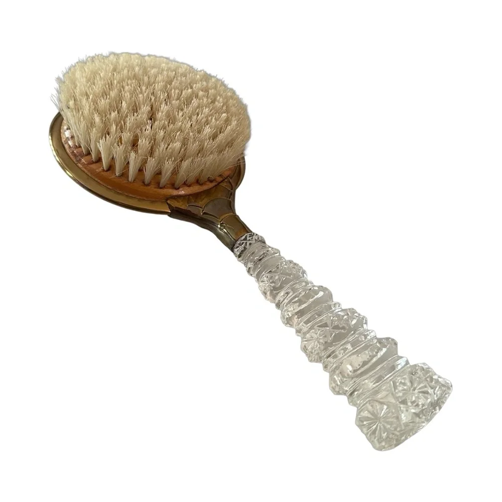 Vintage Gold Plated & Cut Clear Lucite Hand Mirror & Hair Brush (pair of 2) Rare